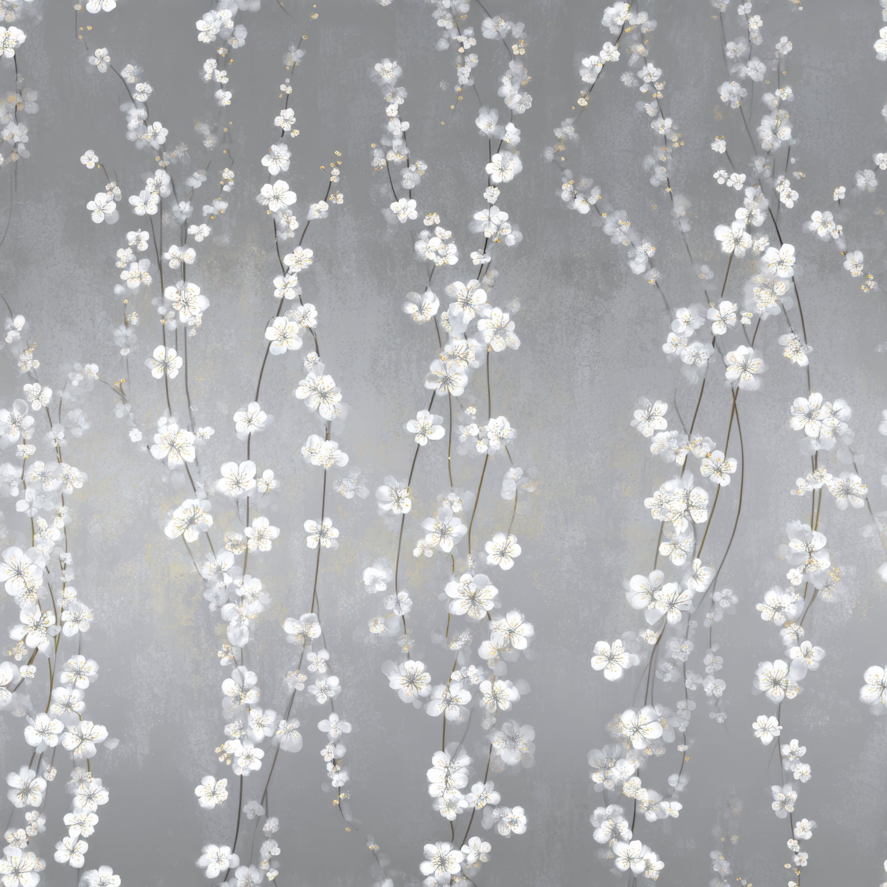 Silverling Bloom Cascade Wallpaper with floral vine pattern on a textured grey background.