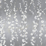 Silverling Bloom Cascade Wallpaper with floral vine pattern on a textured grey background.