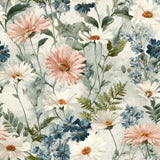 Floral daisy wallpaper with a light blue background from Silverpoint, featuring pink, white, and navy blossoms.