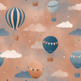 Skyward Daydream Wallpaper with hot air balloon and cloud pattern on a textured orange background.
