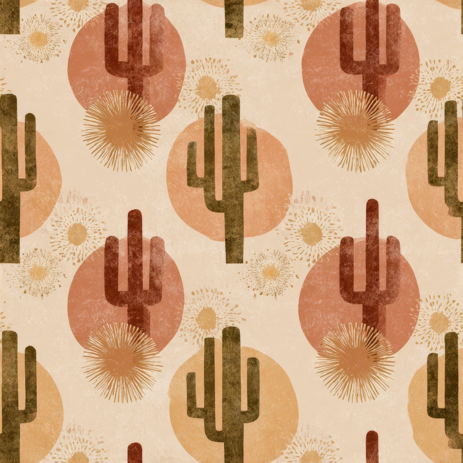 Sonoran embershade wallpaper featuring a cactus pattern, with textured details and circular accents.