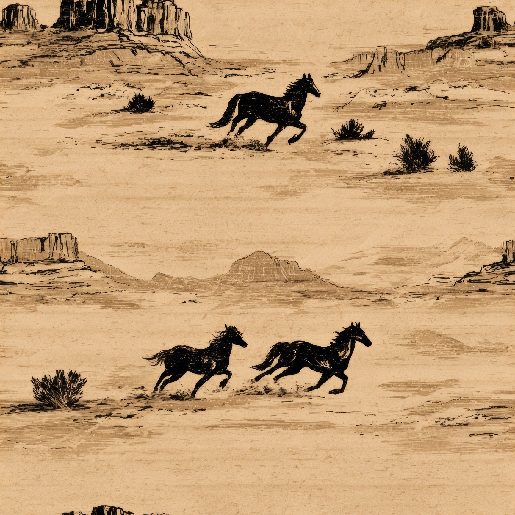Stampede at Sage Flats wallpaper with horse pattern over a tan textured backdrop.