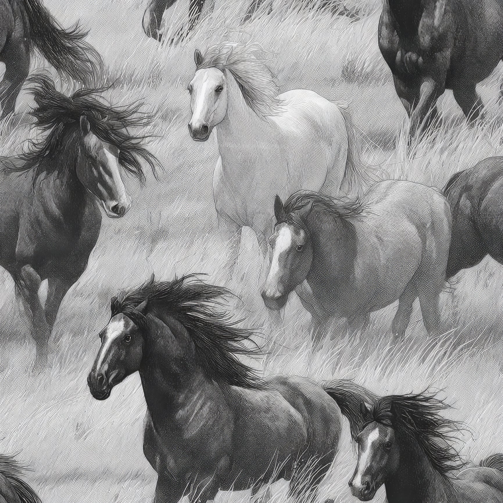 Herd wallpaper with horses by Stormrun, in grayscale galloping across a grassy field.
