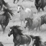 Herd wallpaper with horses by Stormrun, in grayscale galloping across a grassy field.