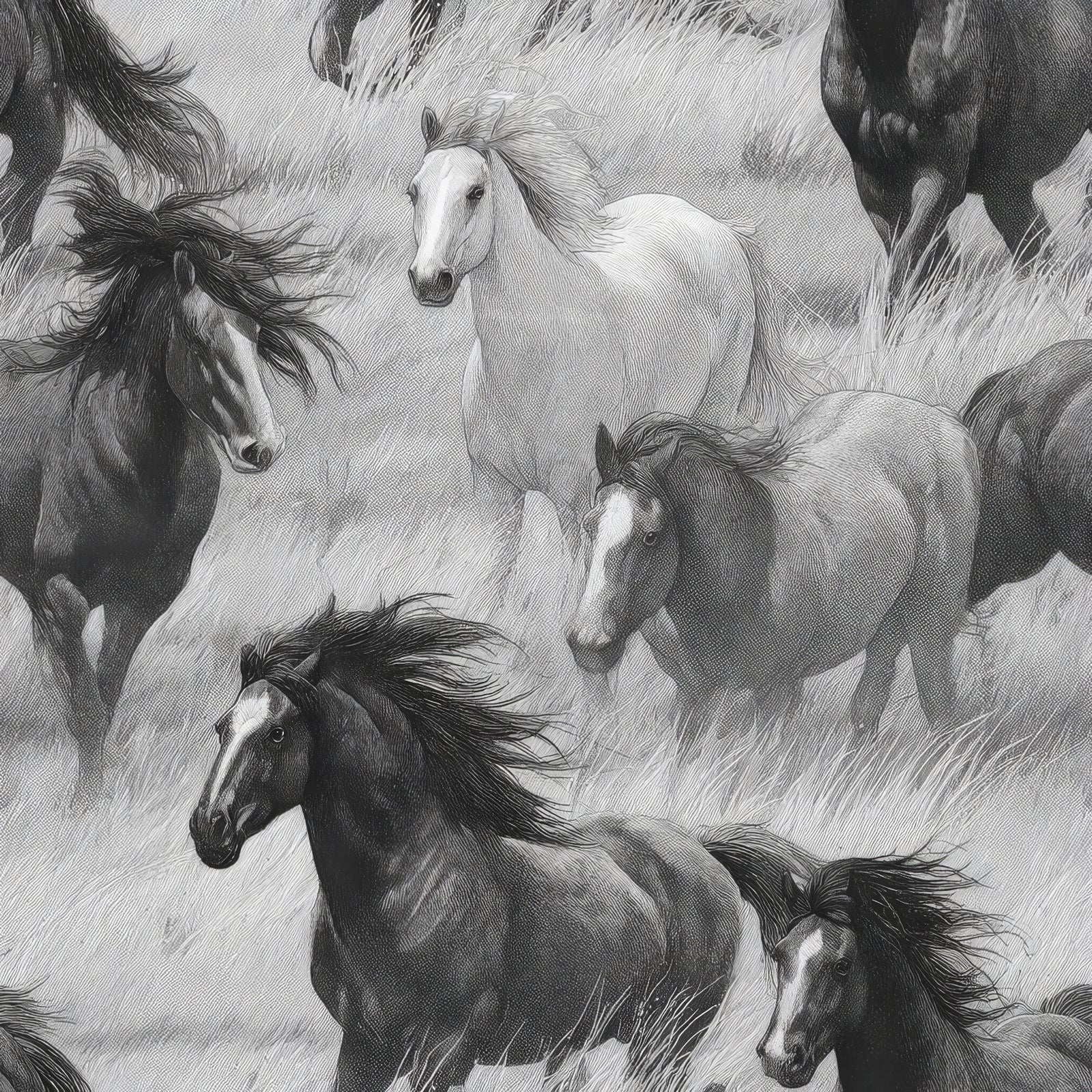Herd wallpaper with horses by Stormrun, in grayscale galloping across a grassy field.