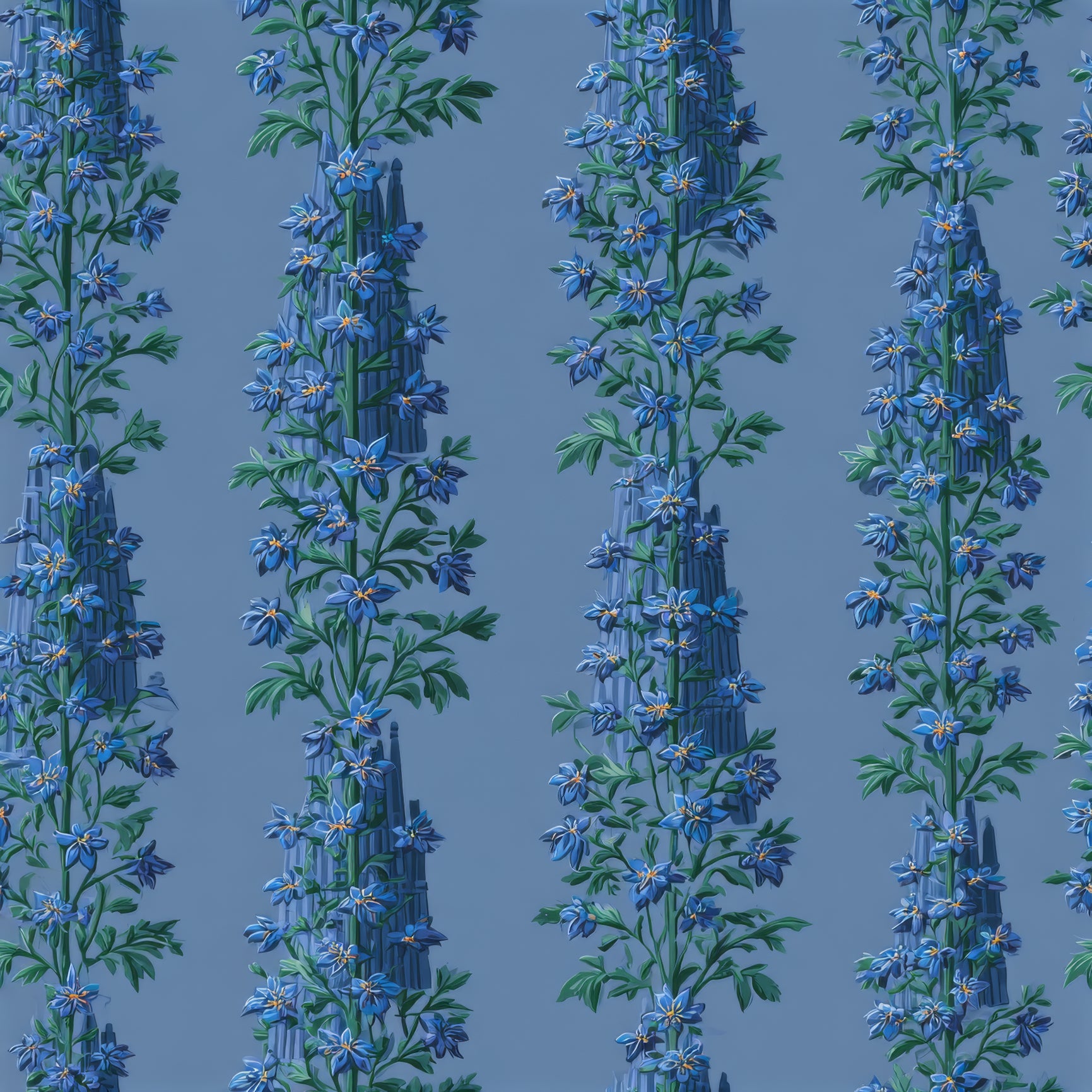 Blue floral wallpaper by Schumacher featuring larkspur flower columns on a solid field.
