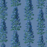 Blue floral wallpaper by Schumacher featuring larkspur flower columns on a solid field.

