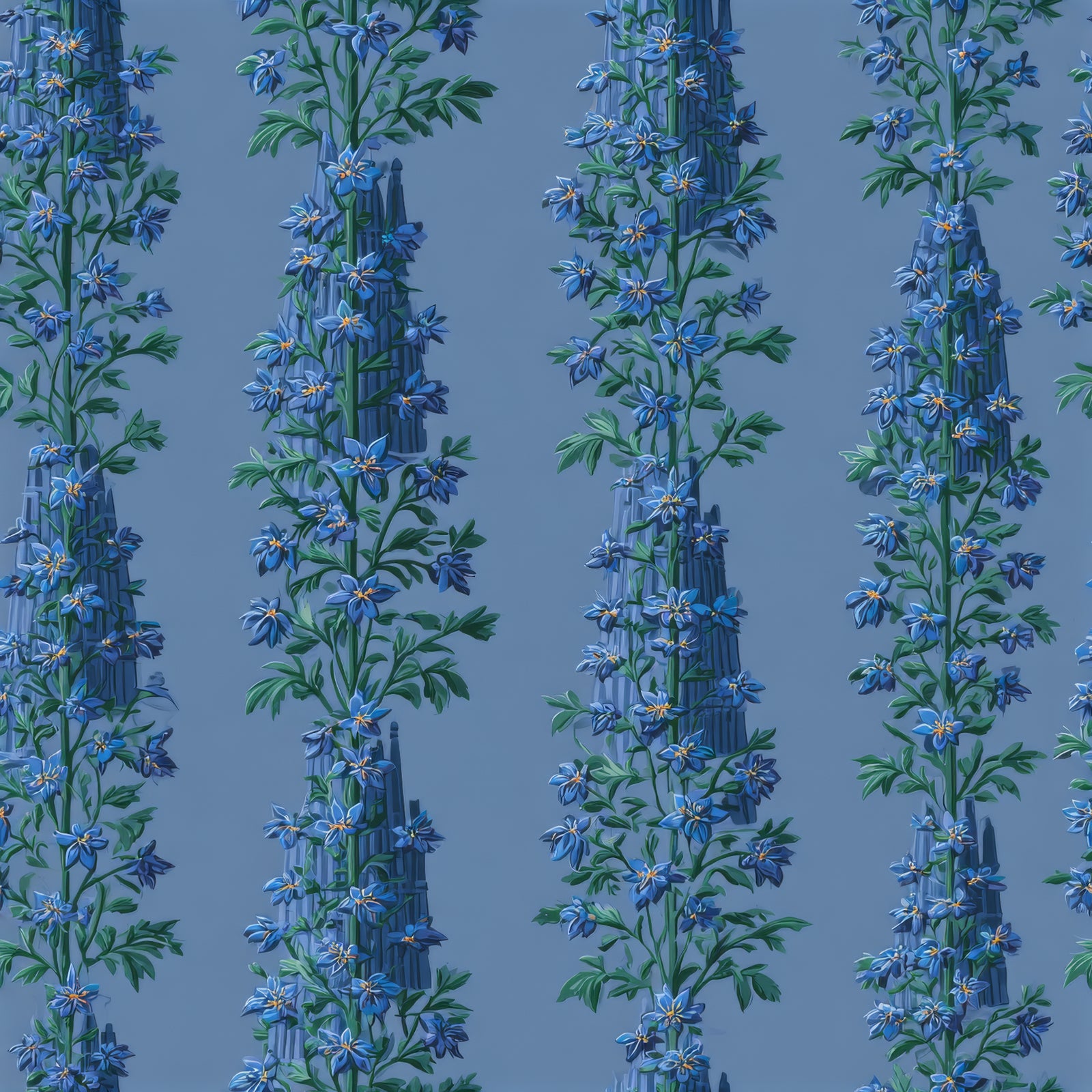 Blue floral wallpaper by Schumacher featuring larkspur flower columns on a solid field.
