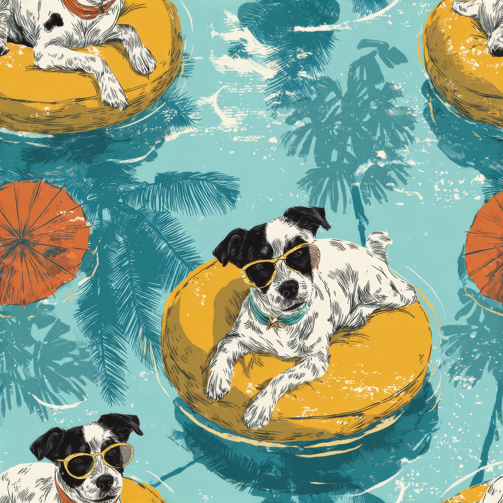 Sunchaser Floatline wallpaper with a dogs and umbrella pattern amongst palm tree shadows.