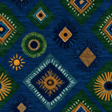 Colorful patterned wallpaper with diamond and circle designs on a textured blue backdrop.