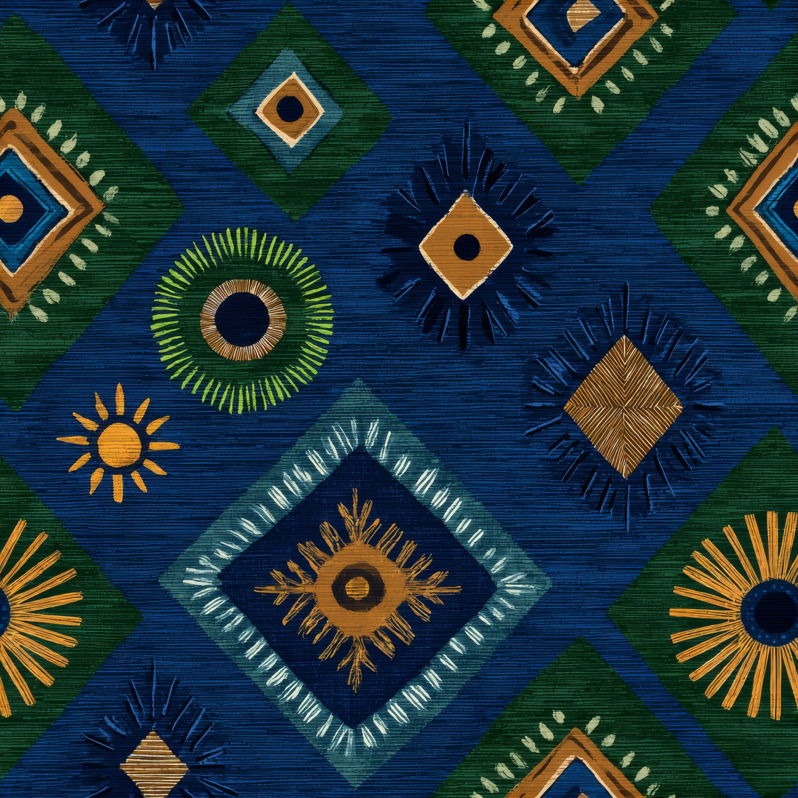 Colorful patterned wallpaper with diamond and circle designs on a textured blue backdrop.