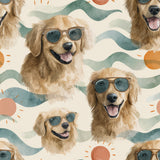Sundrifter Goldens Wallpaper featuring cartoon golden retrievers with sunglasses, set against a wavy, painterly background.