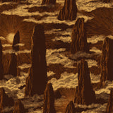 Brown and gold scenic wallpaper featuring sunforged pinnacles with clouds and sunburst pattern.
