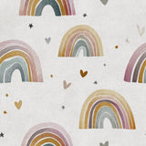 Neutral-toned rainbow wallpaper with hearts and stars pattern on textured background.