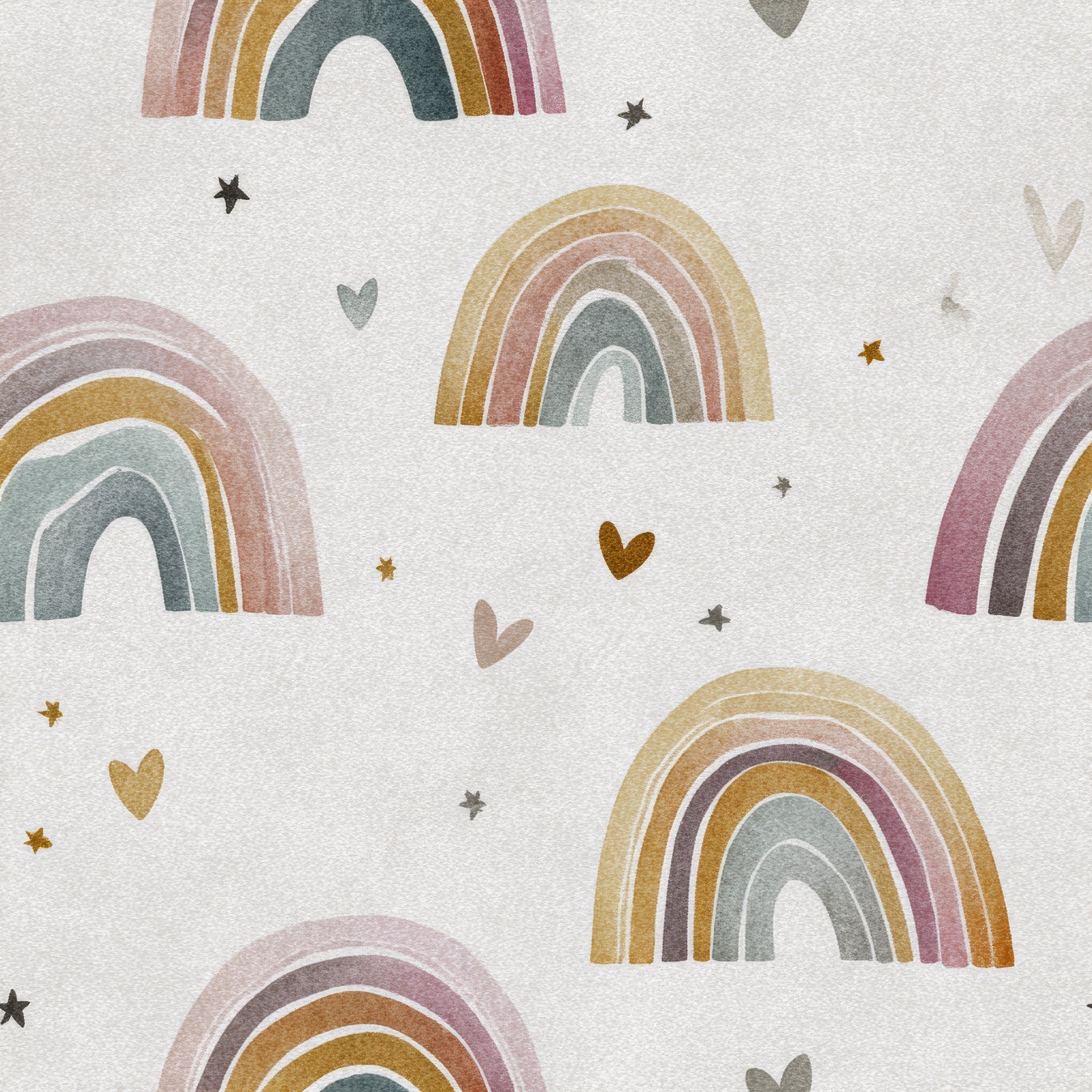 Neutral-toned rainbow wallpaper with hearts and stars pattern on textured background.