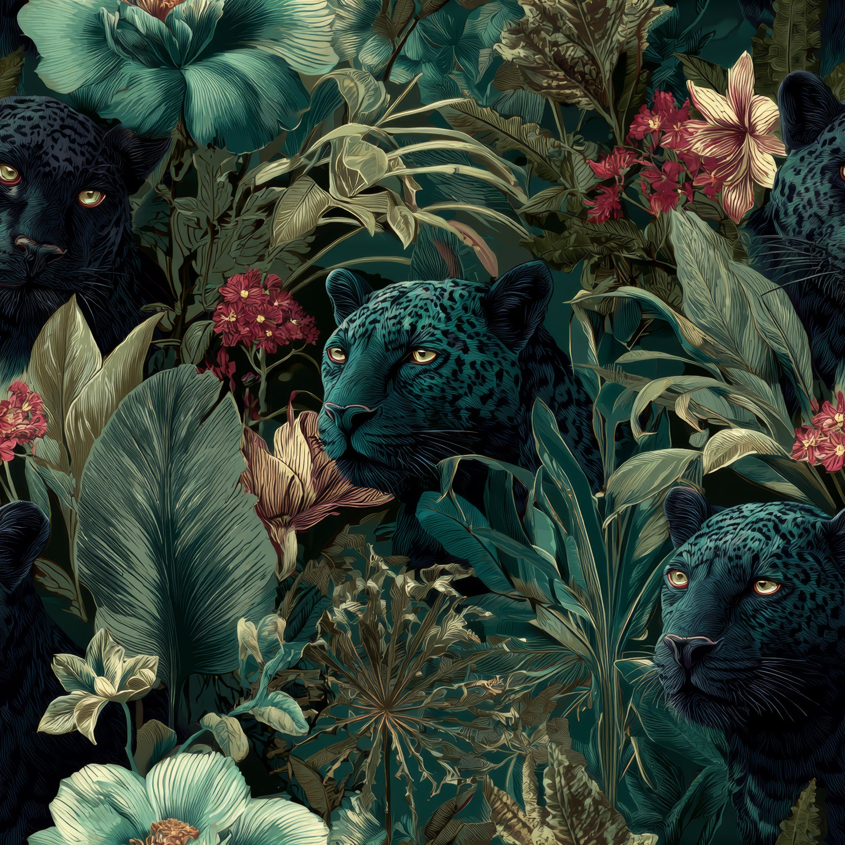 Jungle-themed wallpaper with black panther pattern amongst tropical plants and flowers.