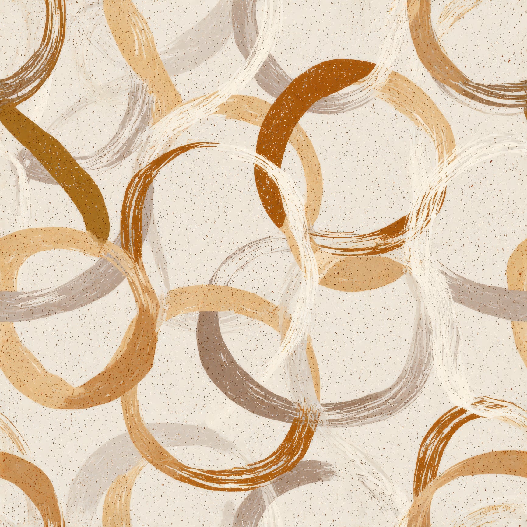 Neutral terra interlock wallpaper with brush stroke circle pattern on speckled background.