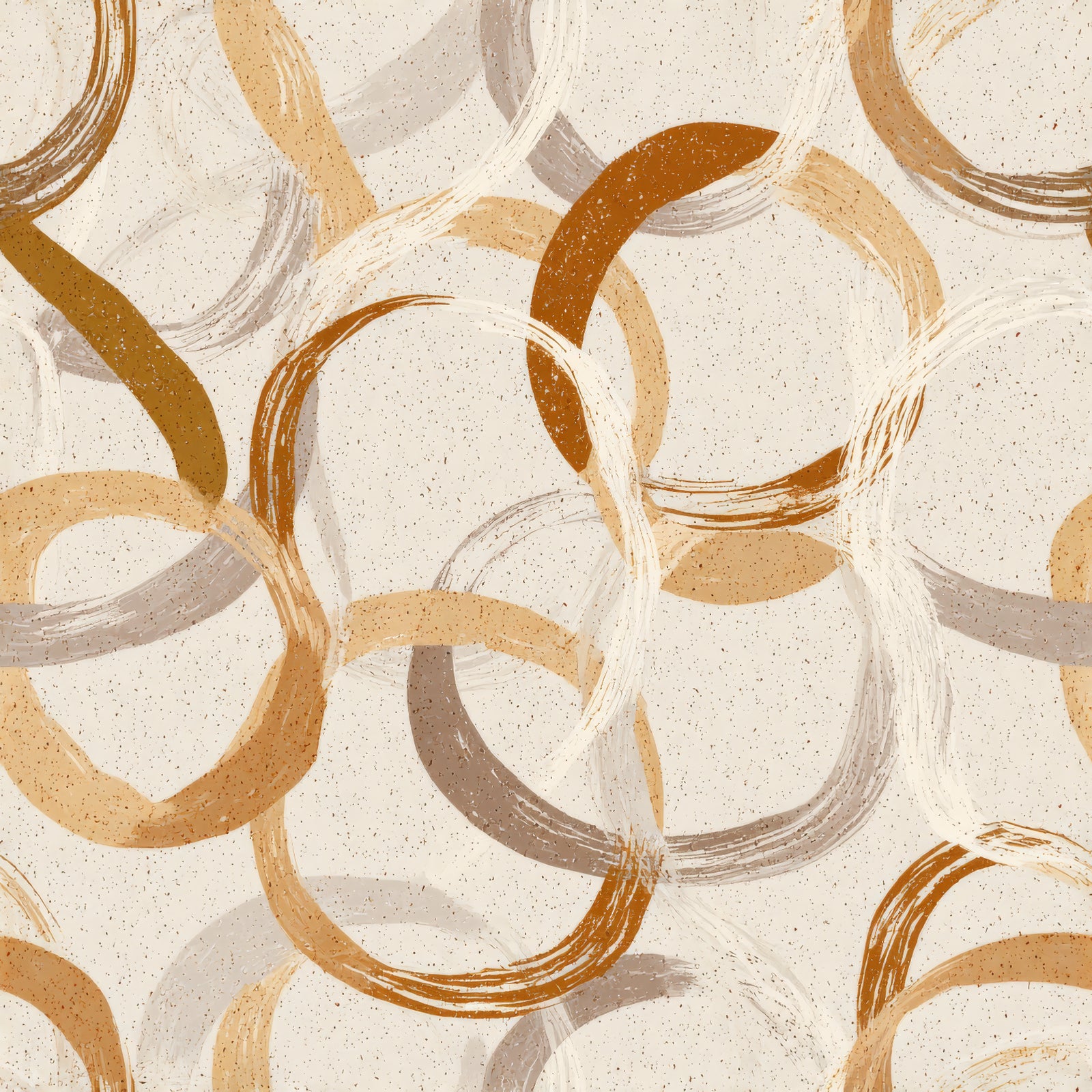 Neutral terra interlock wallpaper with brush stroke circle pattern on speckled background.