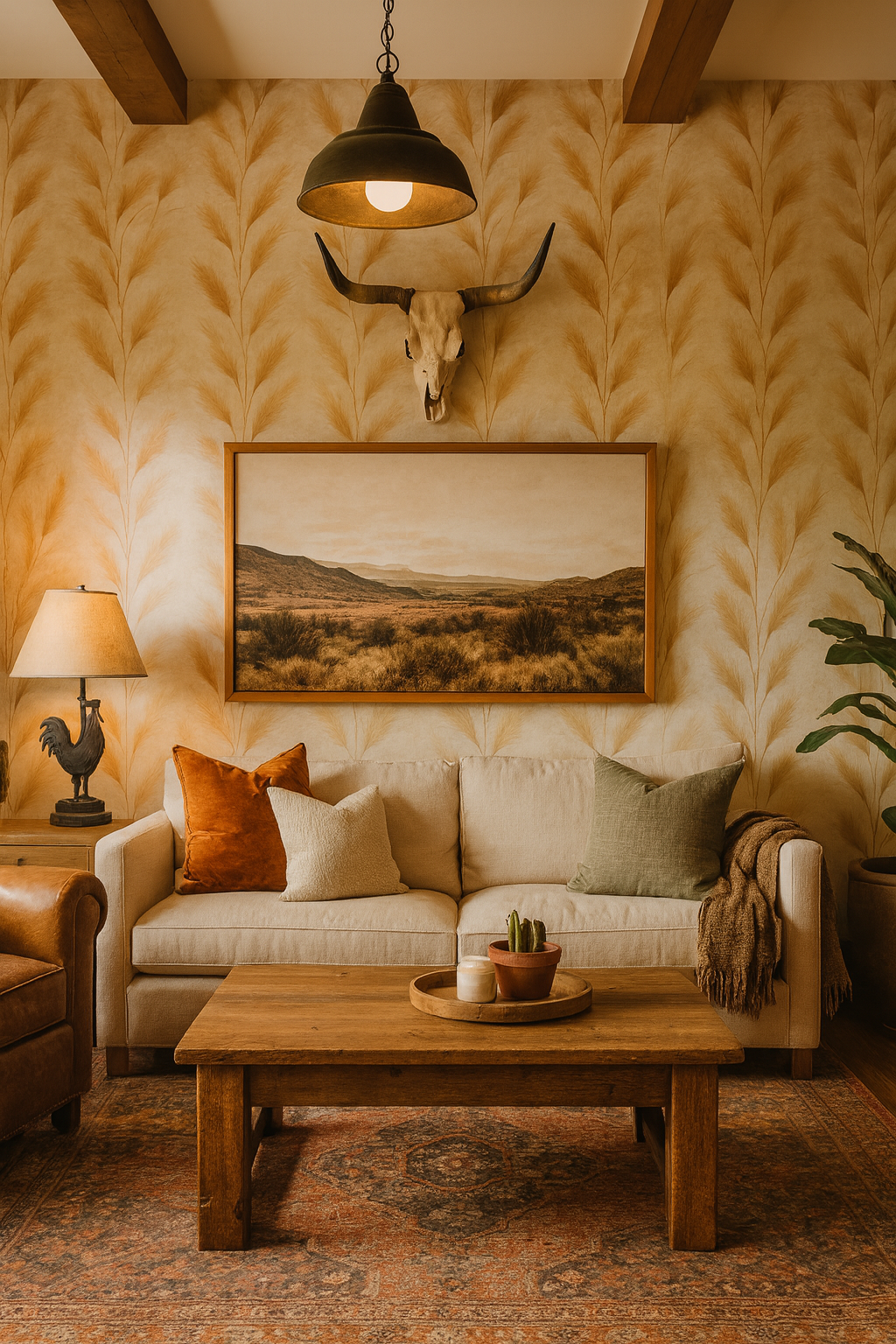 Desert Reed Wallpaper with wheat pattern and earthy tones, covering an entire wall.
