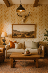 Desert Reed Wallpaper with wheat pattern and earthy tones, covering an entire wall.
