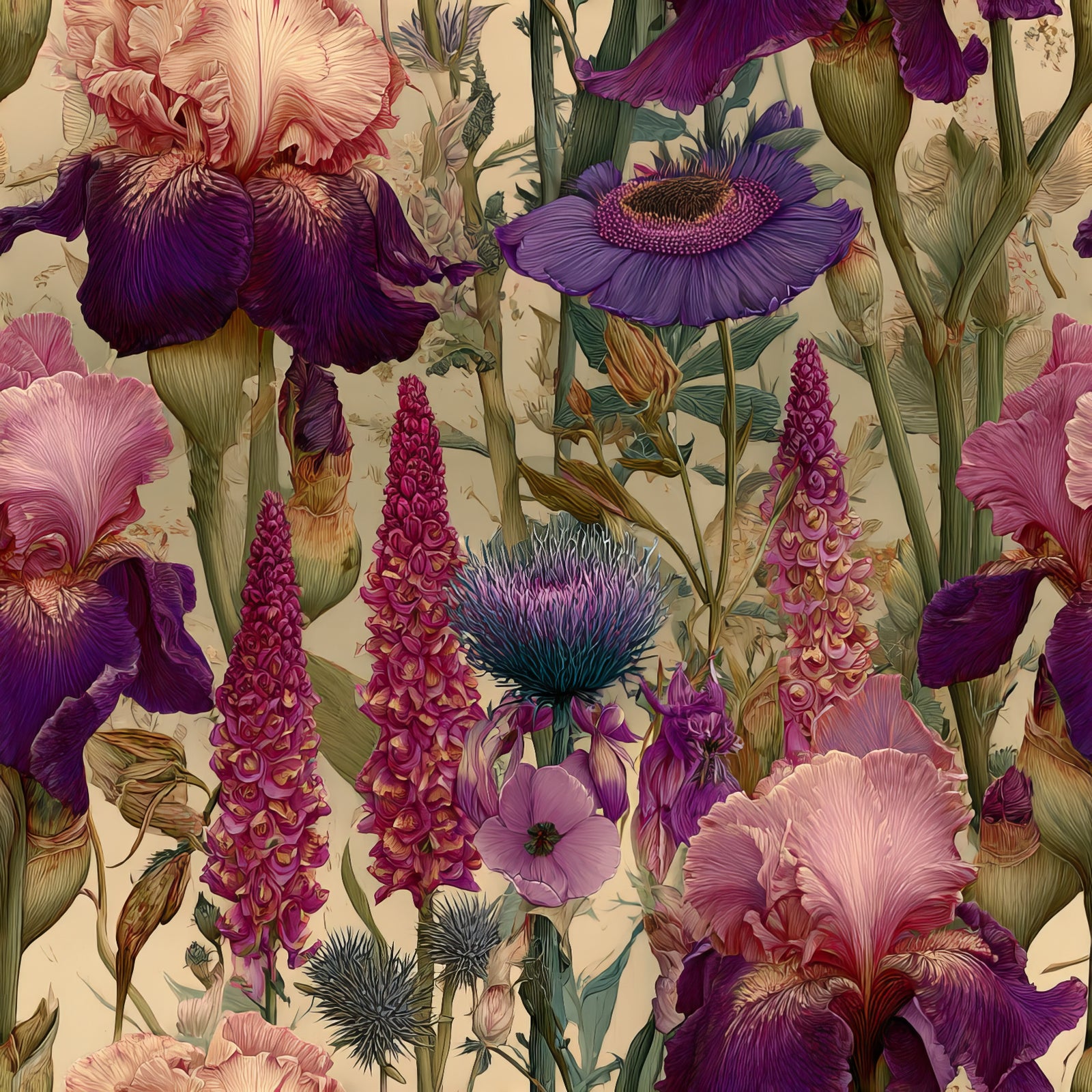 Floral wallpaper with iris and thistle pattern, in shades of pink and purple.

