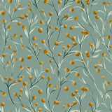 Patterned Thornwell Stem Wallpaper with sprigs of golden dots and pale foliage.