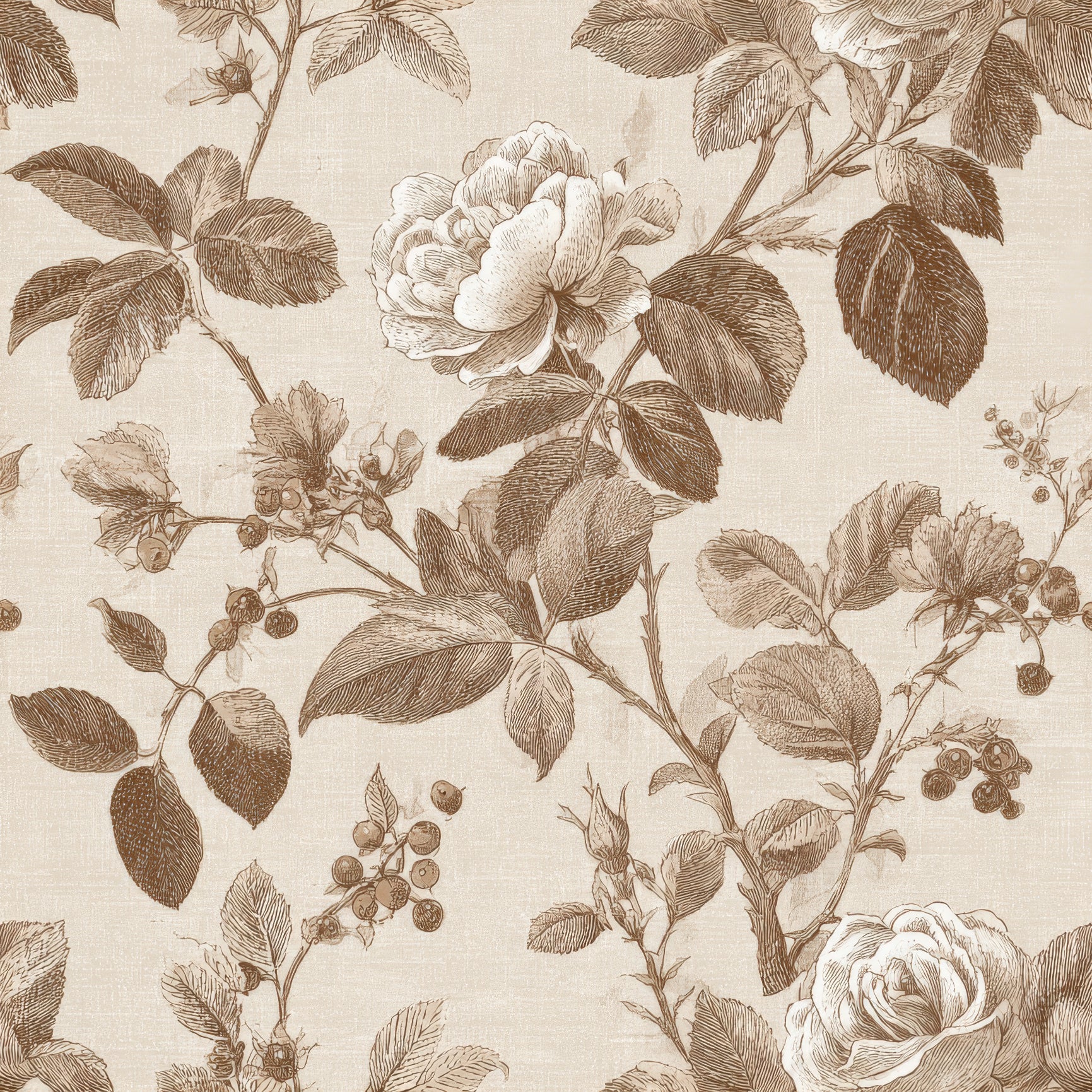 Botanical print wallpaper with rose and berry pattern on beige canvas texture.