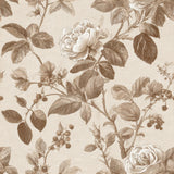 Botanical print wallpaper with rose and berry pattern on beige canvas texture.