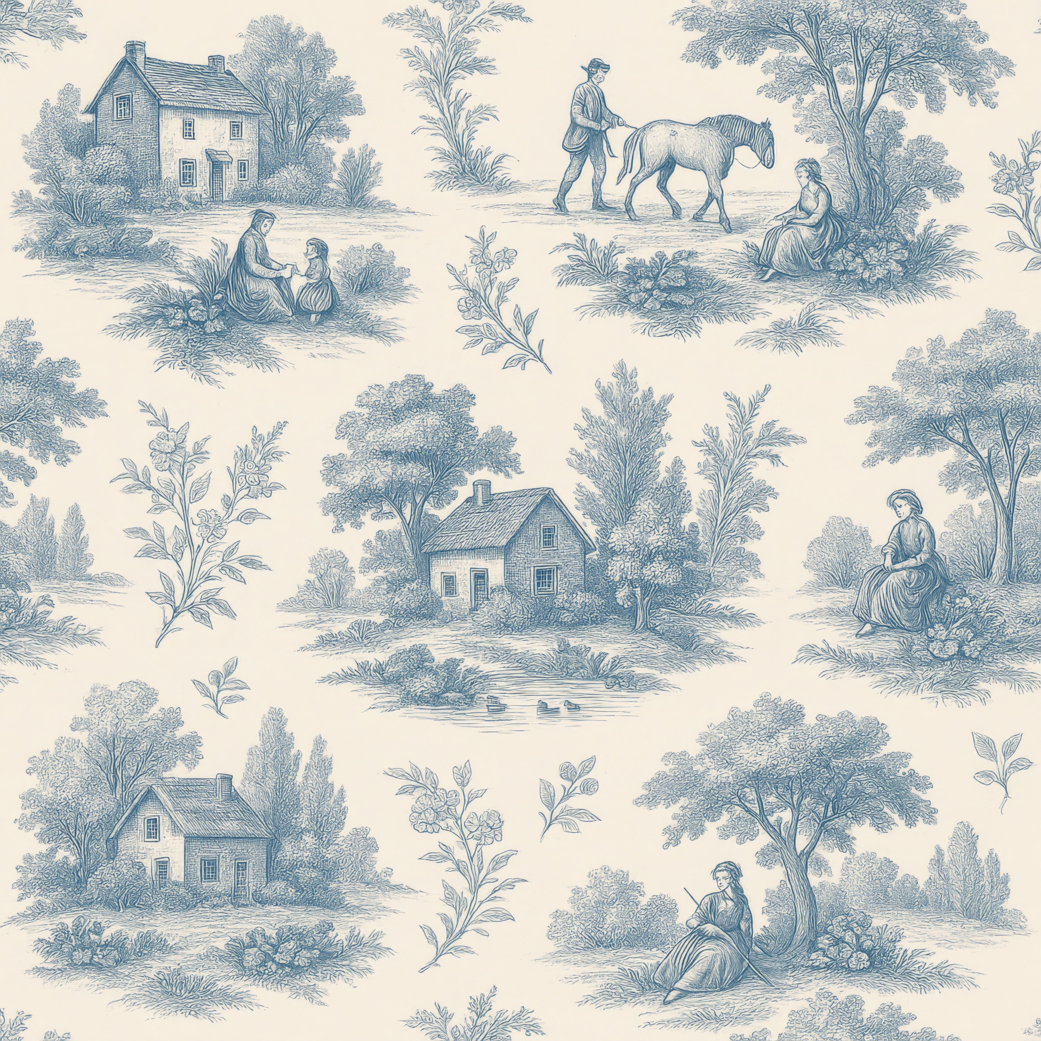 Toile de Jouy wallpaper with a pastoral scene in blue on a beige background.
