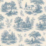 Toile de Jouy wallpaper with a pastoral scene in blue on a beige background.
