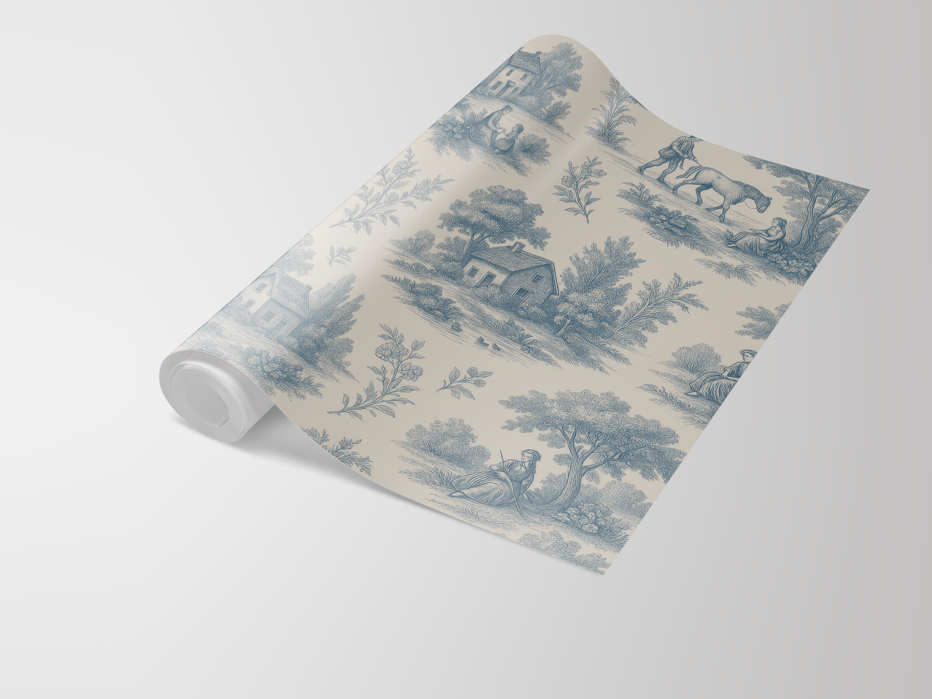 Toile de Jouy wallpaper with a blue pastoral scene on a beige background.