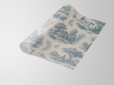 Toile de Jouy wallpaper with a blue pastoral scene on a beige background.