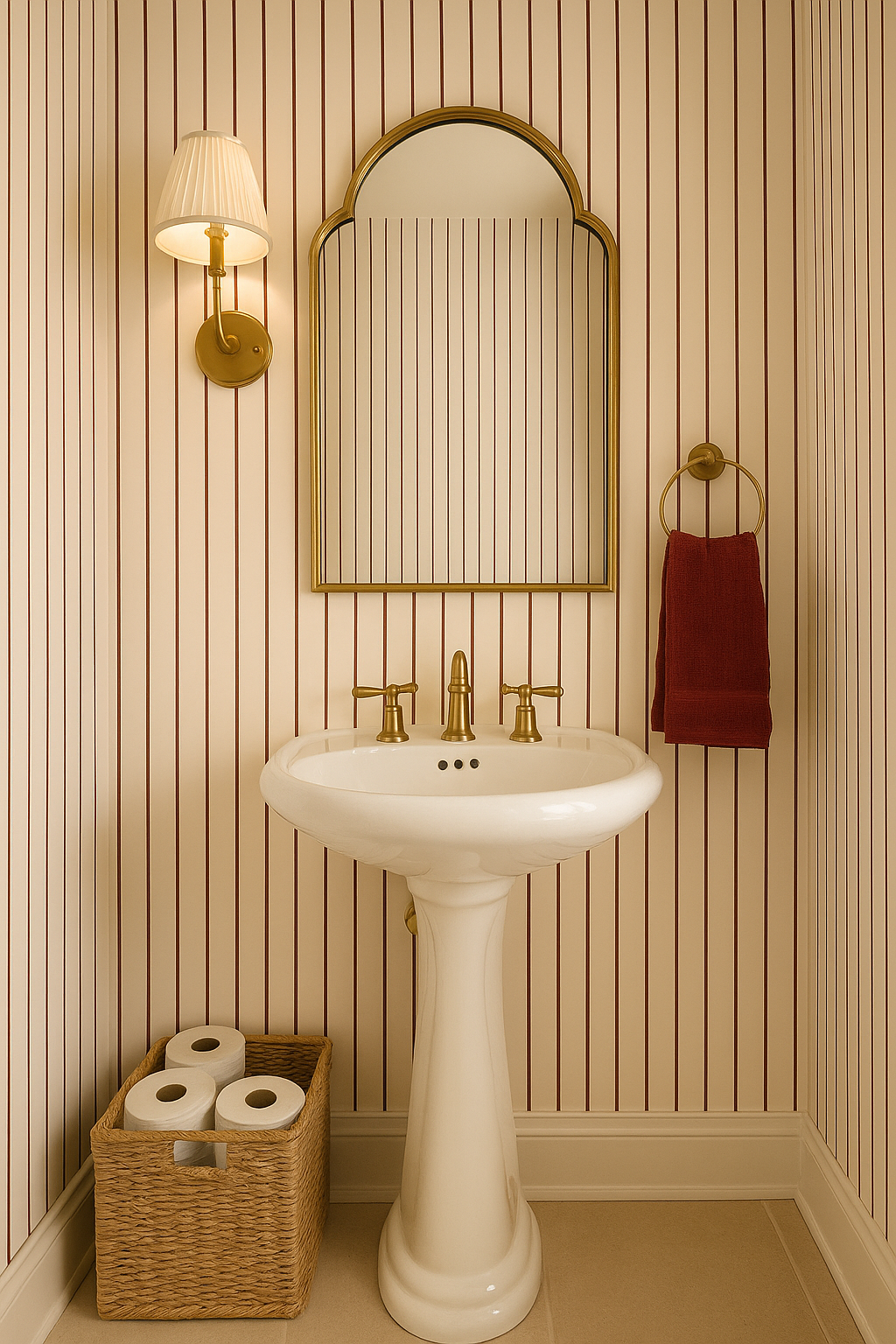 Oxblood stripe wallpaper with vertical, repeating pattern, seen in a traditionally styled bathroom setting.