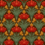 Floral tulip wallpaper with red blooms and green leaves on a brown background.