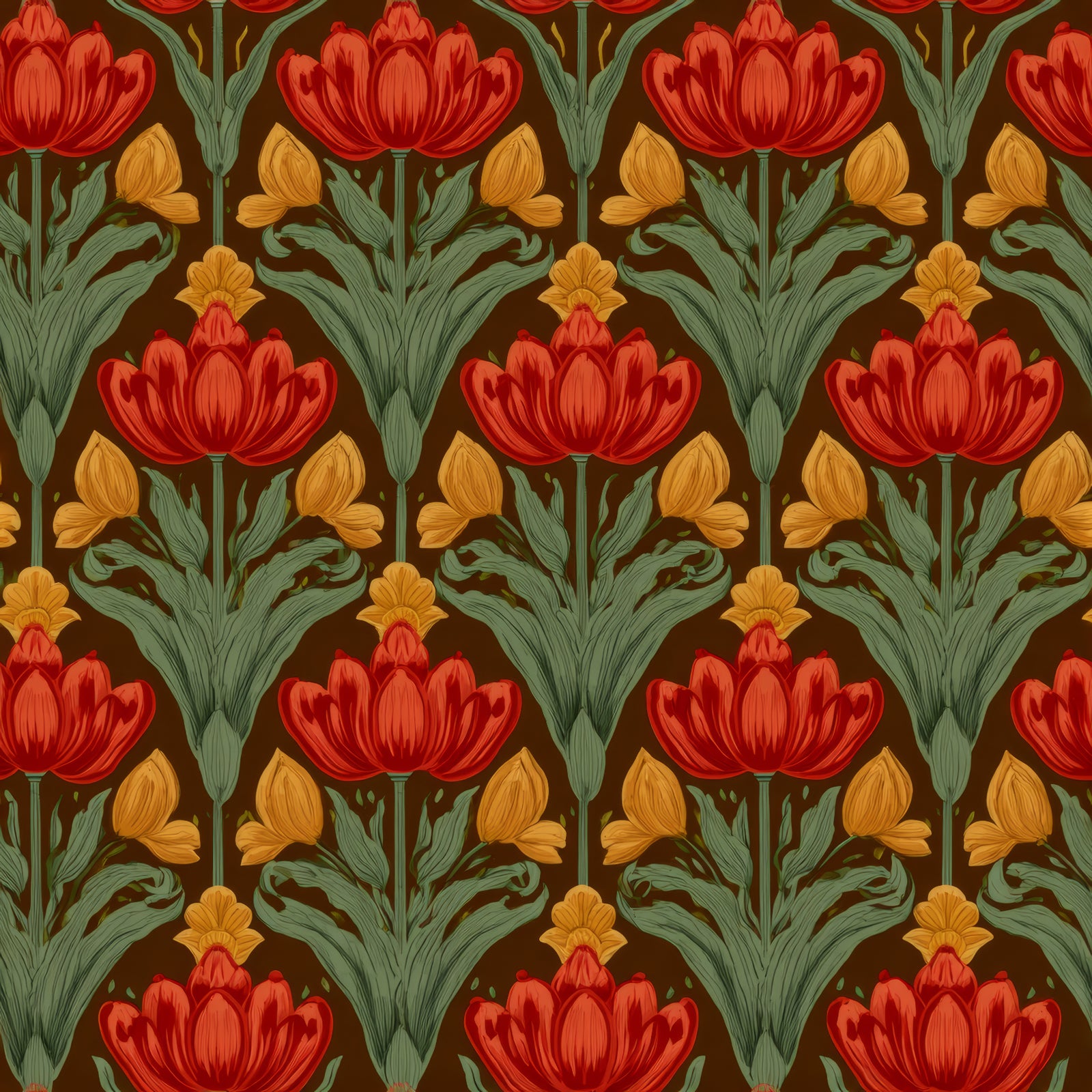 Floral tulip wallpaper with red blooms and green leaves on a brown background.