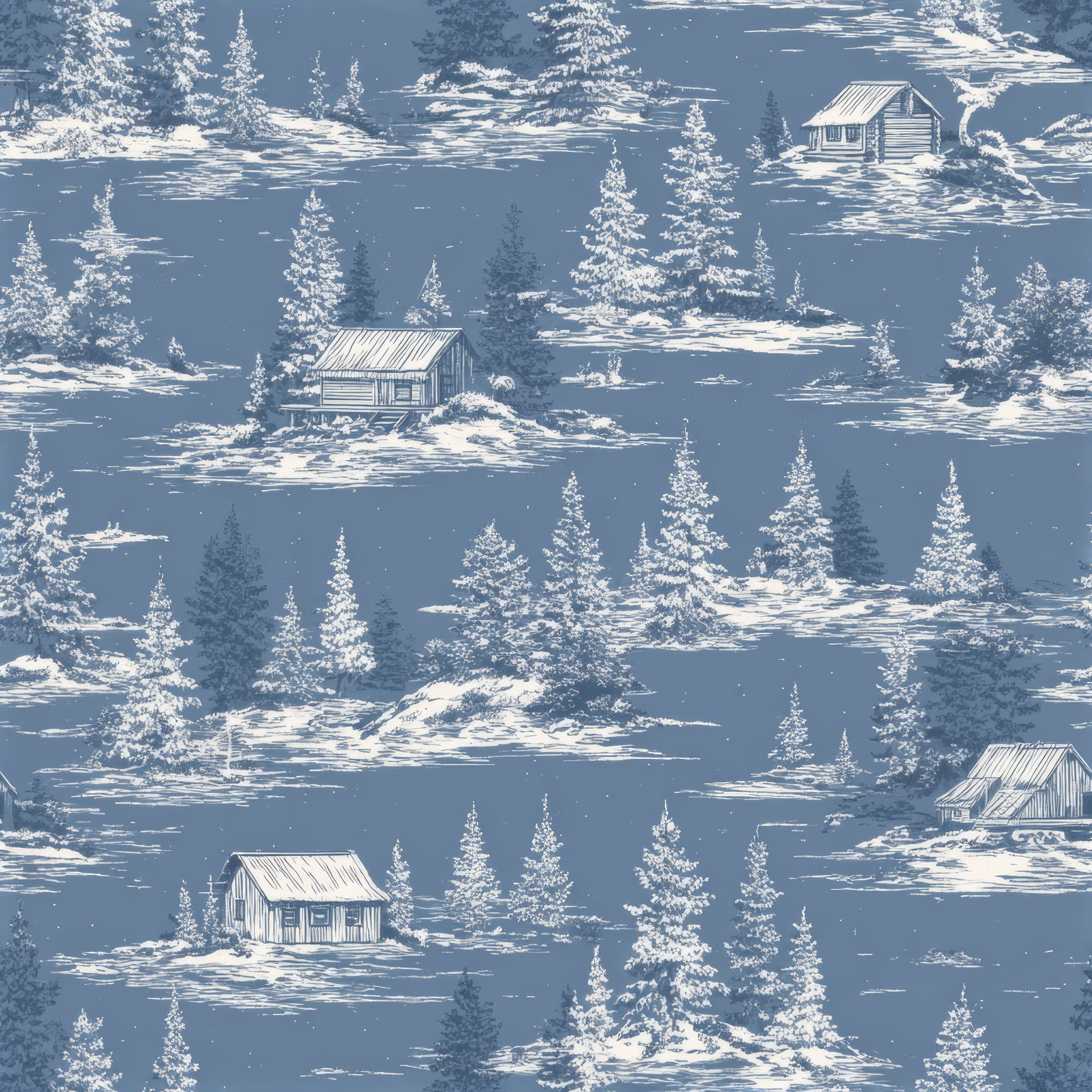 Tundra Pinescape Wallpaper with cabin and tree pattern, in blue and white.