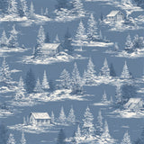 Tundra Pinescape Wallpaper with cabin and tree pattern, in blue and white.