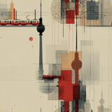 Urban skyline wallpaper with red and gray geometric accents, featuring architectural motifs.