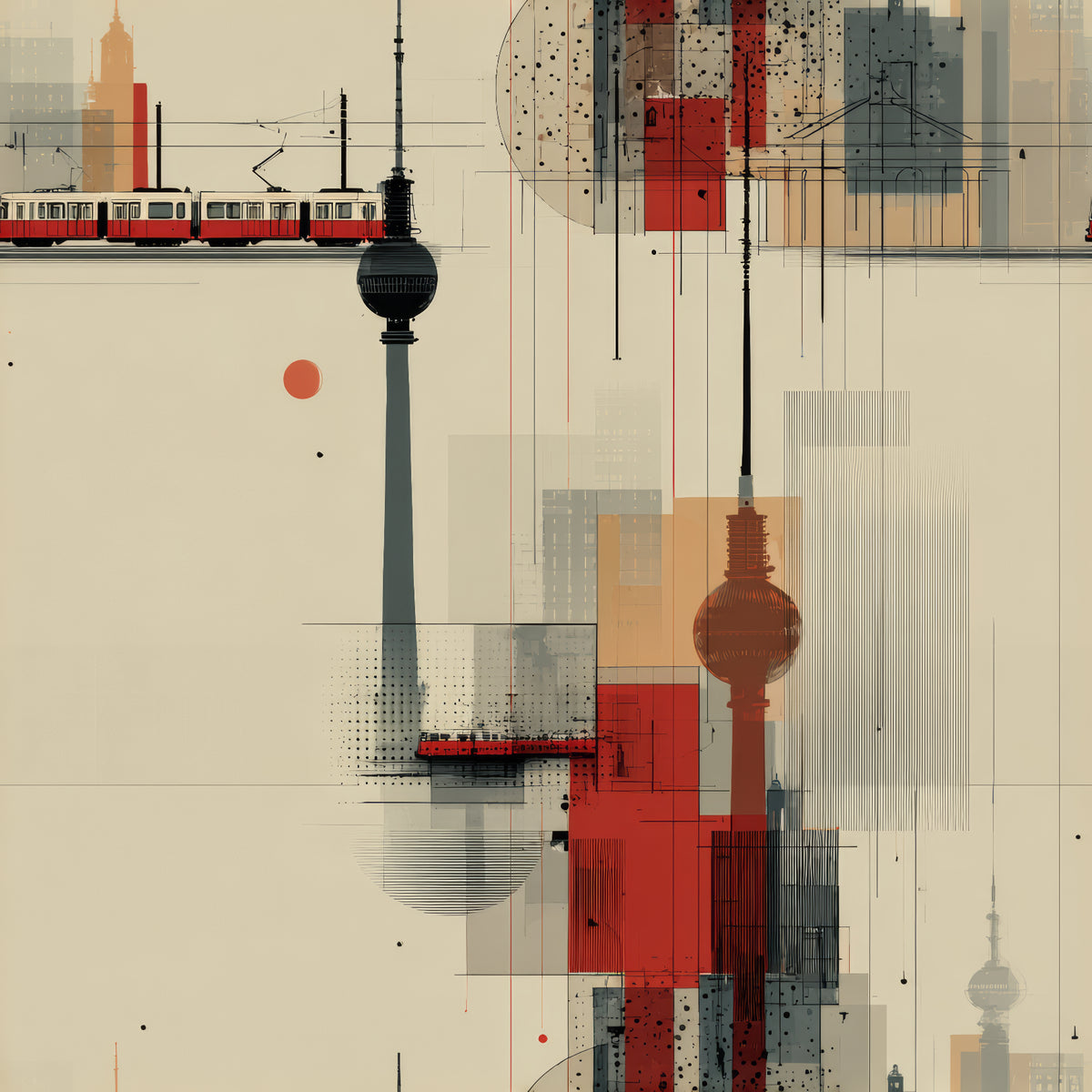 Urban skyline wallpaper with red and gray geometric accents, featuring architectural motifs.