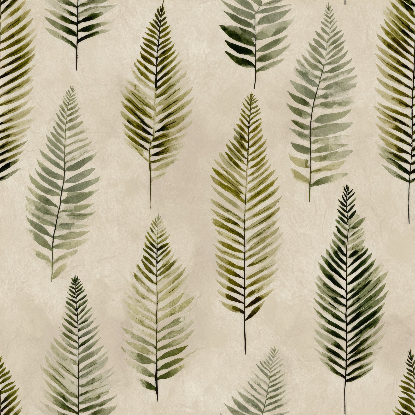 Green fern patterned wallpaper with a textured beige background.