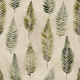 Green fern patterned wallpaper with a textured beige background.