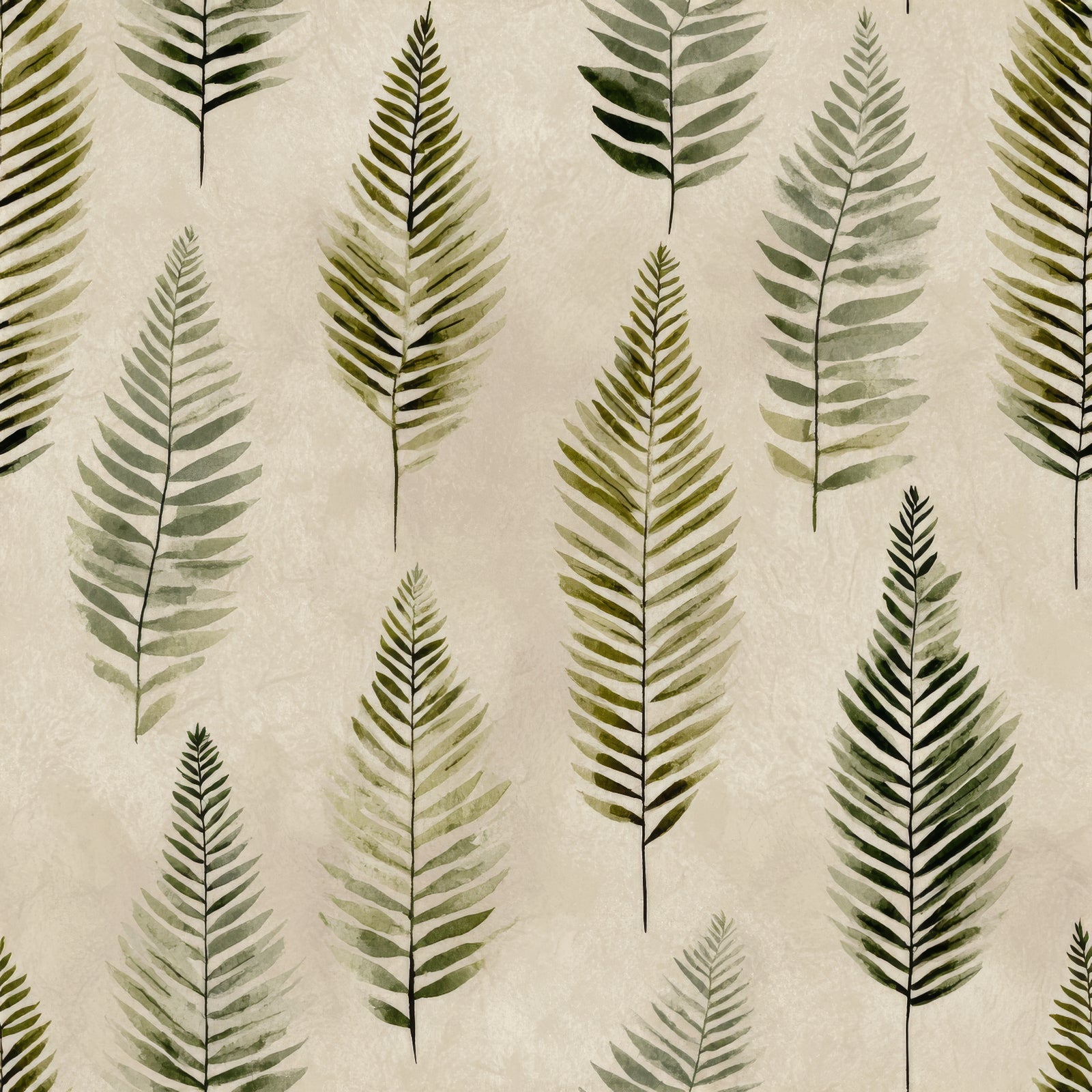 Green fern patterned wallpaper with a textured beige background.