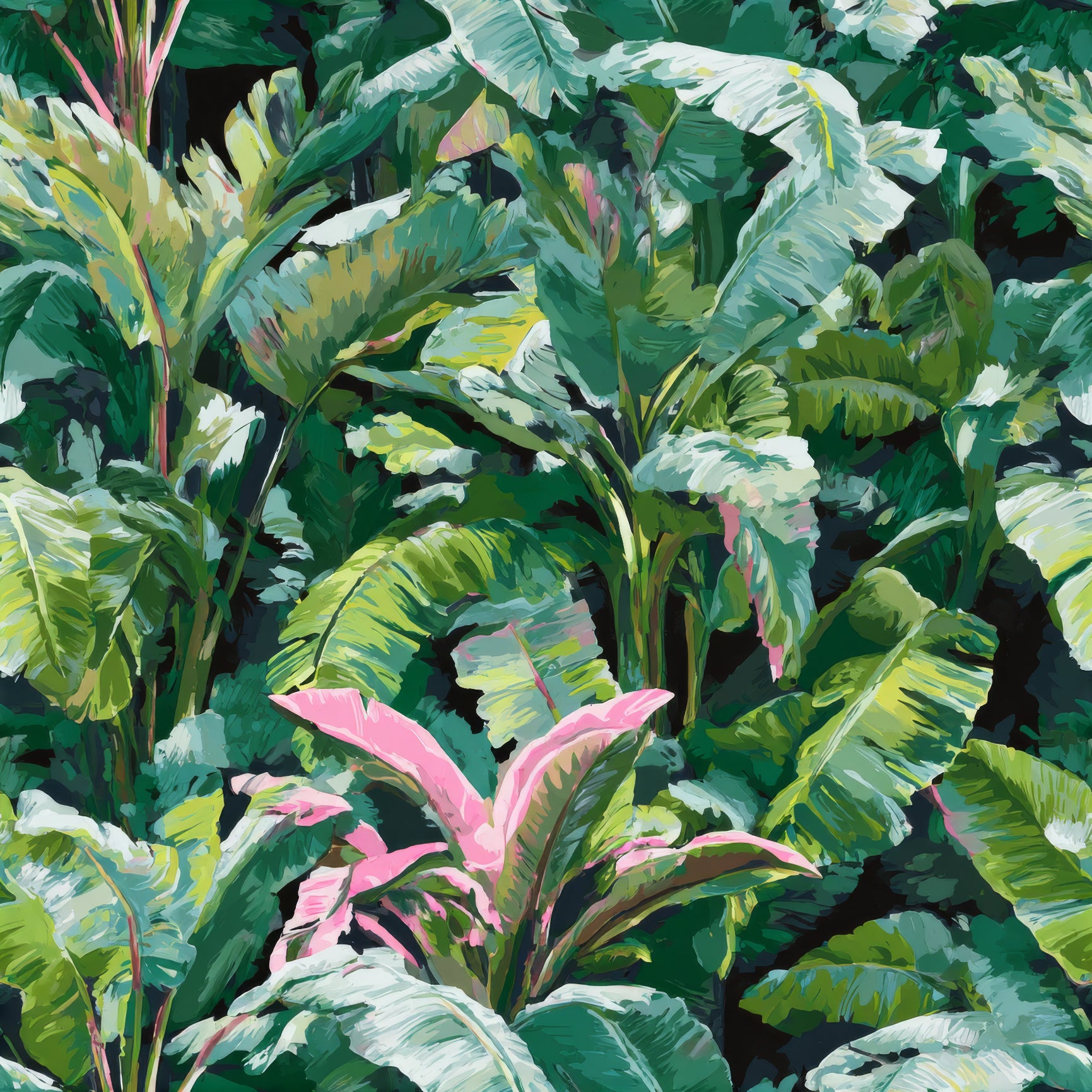 Tropical style wallpaper featuring dense green foliage and bright pink accents.
