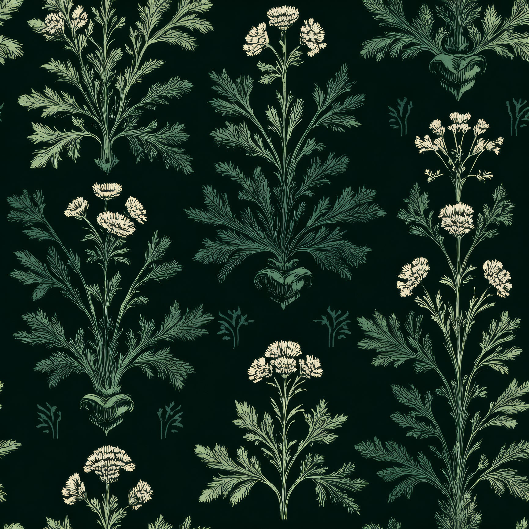 Veridian apothecary wallpaper with floral pattern and dark background.