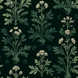 Veridian apothecary wallpaper with floral pattern and dark background.