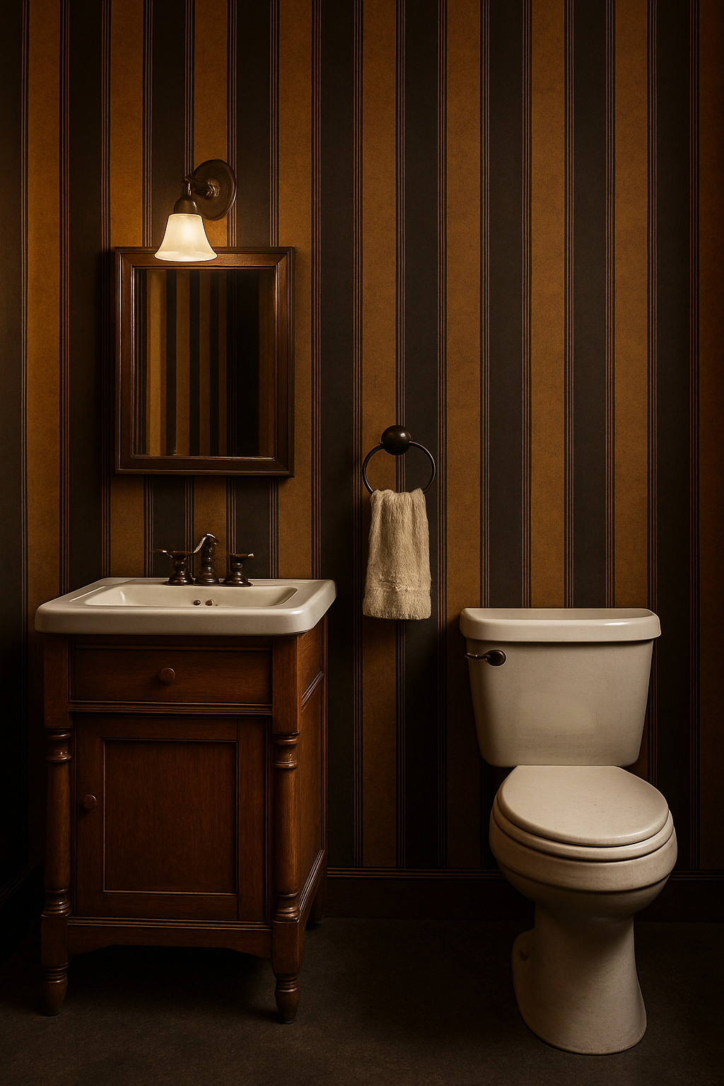 Striped wallpaper with brown and black vertical bands.