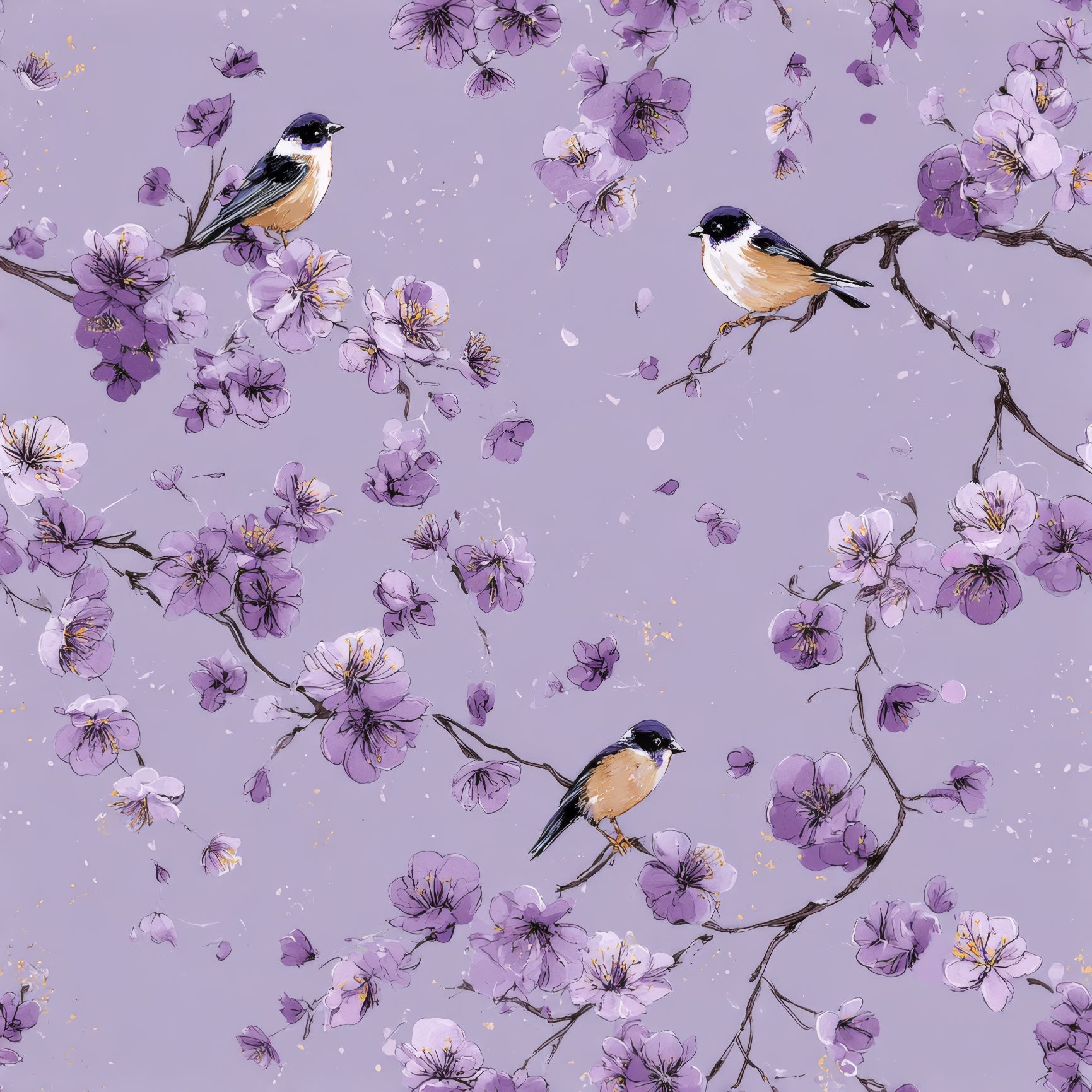 Floral violet wallpaper with bird and branch pattern, on a light purple background.