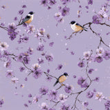 Floral violet wallpaper with bird and branch pattern, on a light purple background.