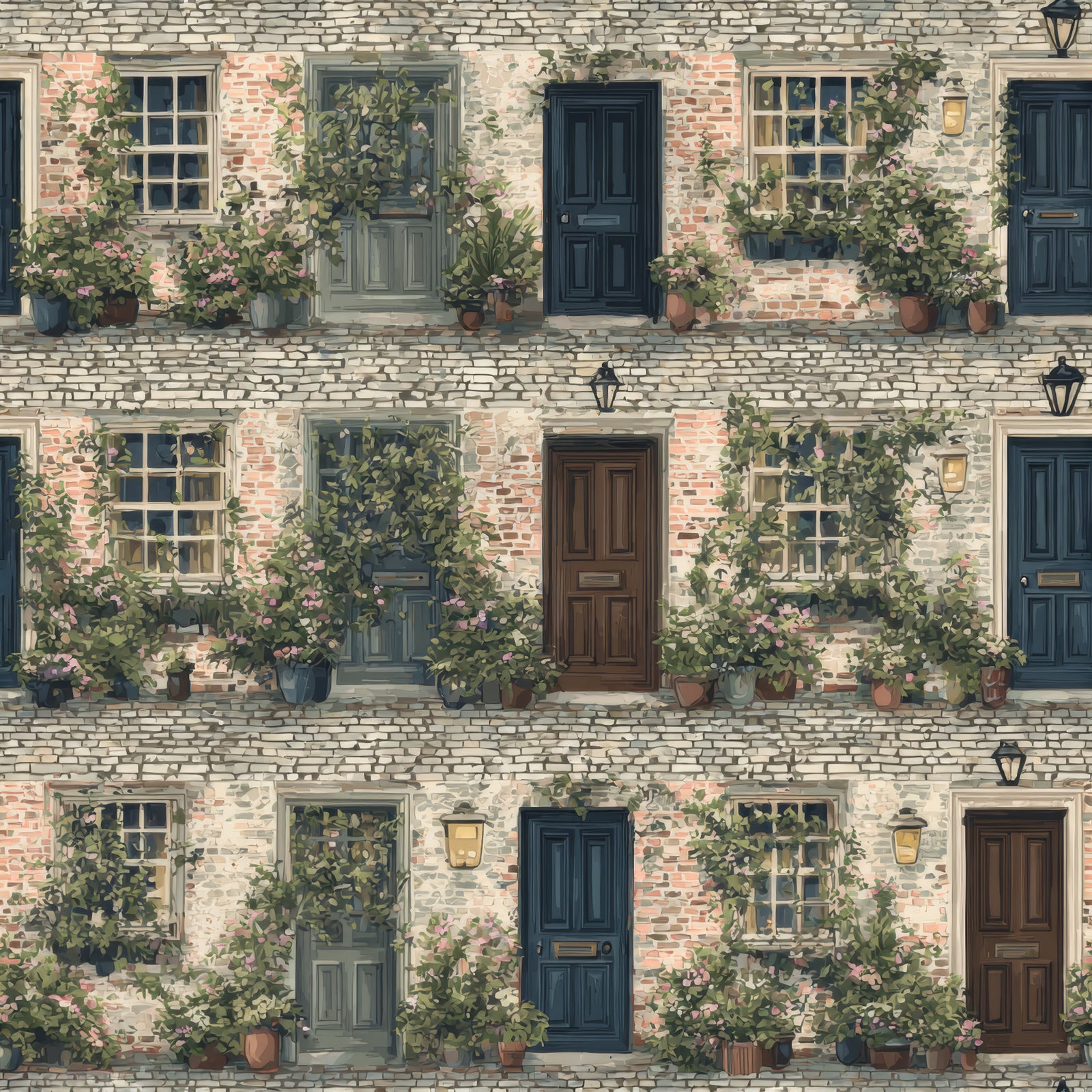 Westhaven Mewsfront Wallpaper with brick and floral pattern.