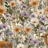 Wildbloom Haven Wallpaper with peach, lavender, and white flowers among greenery, styled with deer.